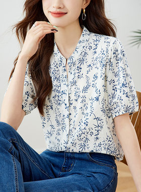 新中式短袖纯棉衬衫女装青花瓷碎花衬衣2026夏新款小衫气质上衣