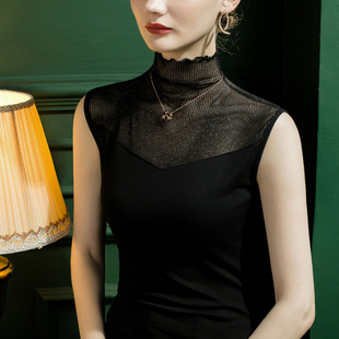 女2026新款 高级感洋气内搭精致背心蕾丝上衣端 打底衫 黑色高领无袖