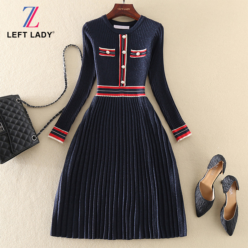 秋冬新款气质优雅女装长袖圆领显瘦A字裙小香风打底针织连衣裙子