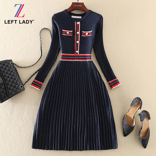 圆领显瘦A字裙小香风打底针织连衣裙子 长袖 秋冬新款 气质优雅女装