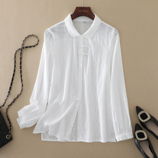 2026春装 长袖 新款 新中式 衬衣 白色绣花衬衫 国风上衣纯棉小衫 女装