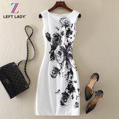 收腰包臀裙子 高端气质小个子女装 无袖 圆领水墨印花连衣裙春夏新款