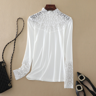 内搭白色网纱半高领打底衫 气质女装 2025春秋新款 蕾丝上衣女长袖