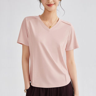 鱼骨线凉感冰丝夏季速干2026新款显廋正肩V领短袖t恤女装纯色上衣