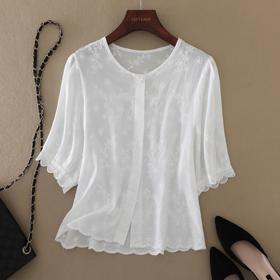宽松显瘦白色圆领衬衫女装中袖2025春夏新款刺绣上衣纯棉绣花衬衣