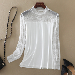 白色网纱拼接半高领打底衫 内搭长袖 气质女装 性感蕾丝上衣春秋新款