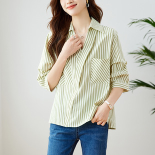 宽松显瘦小衫条纹翻领衬衫夏装女装2026上衣通勤小个子五分袖衬衣