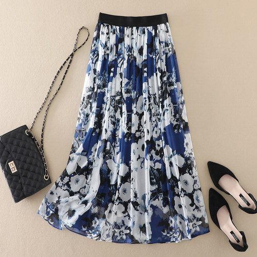 真丝半身裙新款夏气质女装中长款水墨印花高腰显瘦桑蚕丝a字裙子