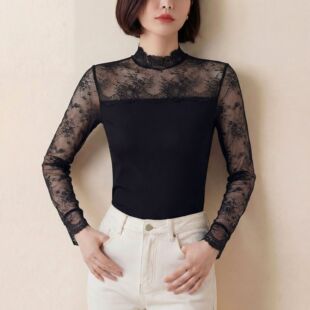 黑色网纱拼接半高领打底衫 内搭长袖 气质女装 性感蕾丝上衣春秋新款