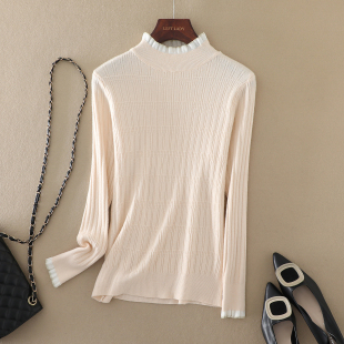 长袖 秋冬新款 修身 木耳边半高领针织打底衫 高级感内搭上衣 气质女装
