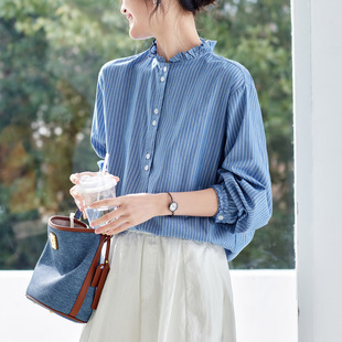 宽松休闲长袖 法式 衬衣上衣 新款 春装 木耳领纯棉蓝色条纹衬衫 女装