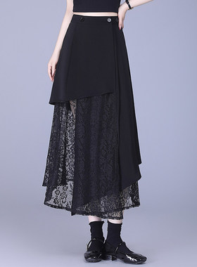 不规则黑色蕾丝拼接半身裙2026夏季新款中长款修身高腰洋气A字裙