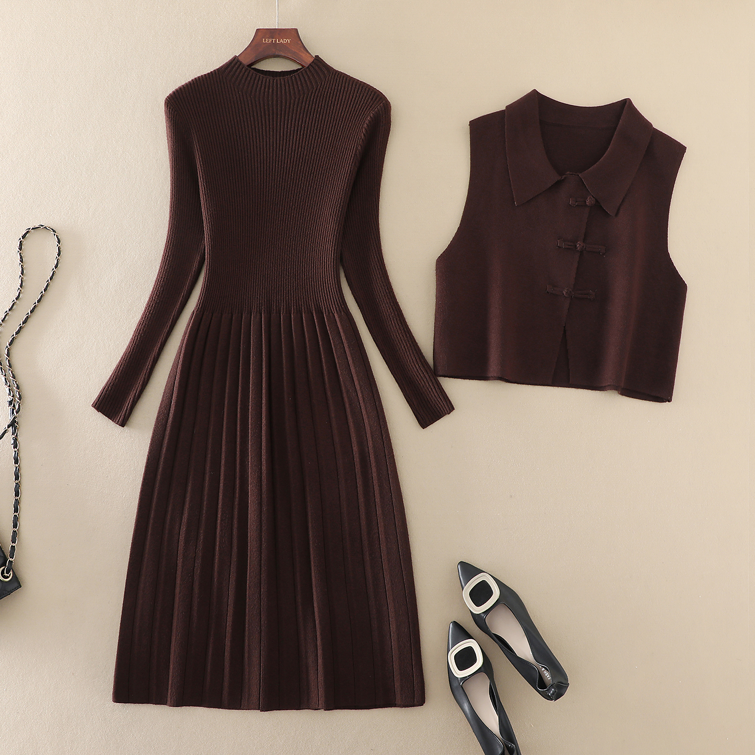 2025秋冬新款两件套高端女装新中式马甲显瘦长袖打底针织连衣裙子