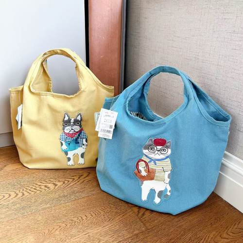 手拎包 帆布袋子 日本Kusuguru正品刺绣猫咪法斗犬 手提包 购物包