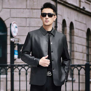 版 真皮皮衣翻领西装 商务休闲黑色皮衣外套 8203头层绵羊皮男款 新款