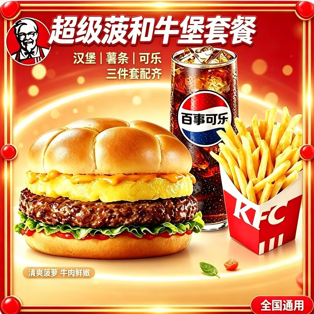 KFC肯德基新品超级菠和牛堡汁可乐薯条鸡块三件套 全国代下单优惠图片