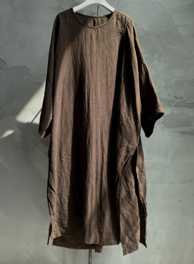 沉香布衣草堂自制套头长衣亚麻不等式高开叉长袍连衣裙C25u06108