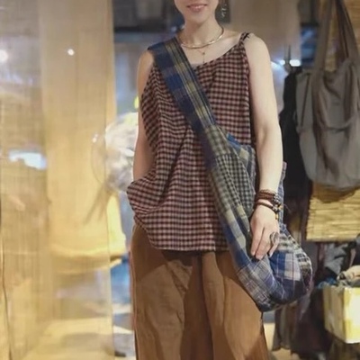 沉香布衣草堂柿染老布格子吊带植物染斑驳短背心古古麦G25u07123