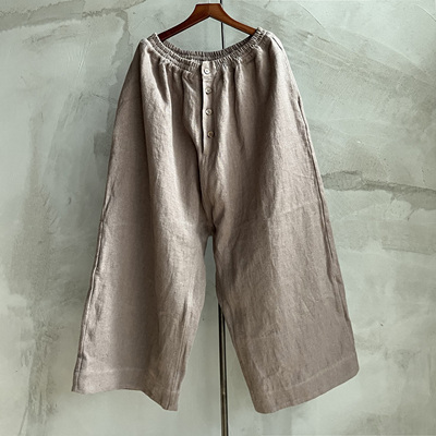 沉香布衣草堂 原创自制汉麻单层排扣松紧腰拼接休闲长裤