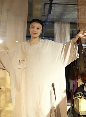 沉香布衣草堂 忆古朴拙 汉麻高开叉长款大t 长衣P25u08146