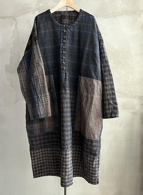沉香布衣草堂老布长袍 随拼格子不同随发长衣半开古古麦GG26s014