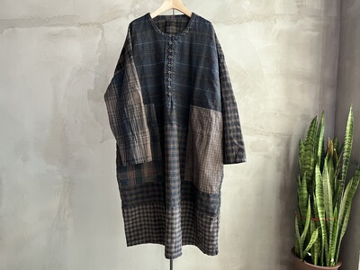 沉香布衣草堂老布长袍 随拼格子不同随发长衣半开古古麦GG26s014