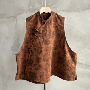 沉香布衣草堂新中式 提花袍子盘扣短马甲蚕丝混纺自制C25w11264