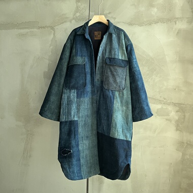 沉香布衣草堂蓝染拼接棉服长衣老布蓝染 自制加棉随拼C25a10232