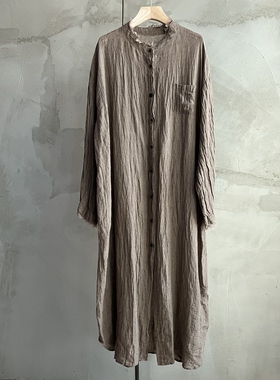 沉香布衣草堂亚麻连衣裙 长衣亚麻自制新中式毛边衬衣现C25w11260