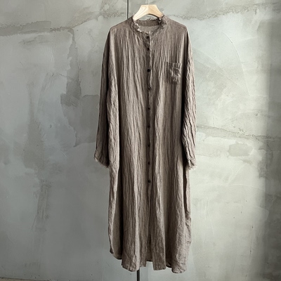 沉香布衣草堂亚麻连衣裙 长衣亚麻自制新中式毛边衬衣现C25w11260