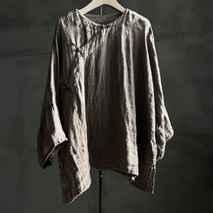 沉香布衣草堂 亚麻盘扣开衫碧纹染长袖短衣 织厚新中式双织