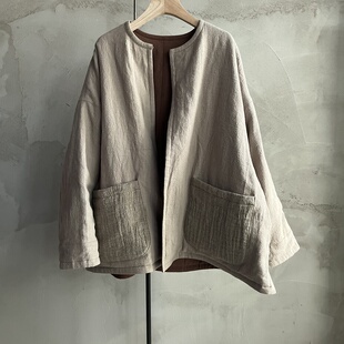 沉香布衣草堂圆领棉服两面穿短衣 亚麻夹棉自制新中式C25w11256