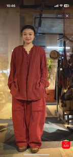 沉香布衣草堂亚麻褶皱衬衫 自制短衣圆领小开衫