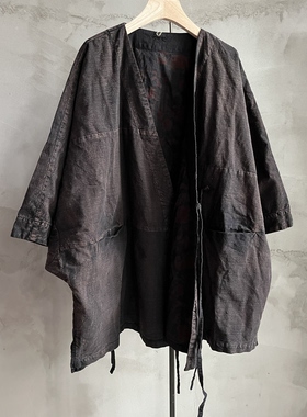 沉香布衣草堂老布双层系带开衫古古麦做旧随拼中长衣G25a10236