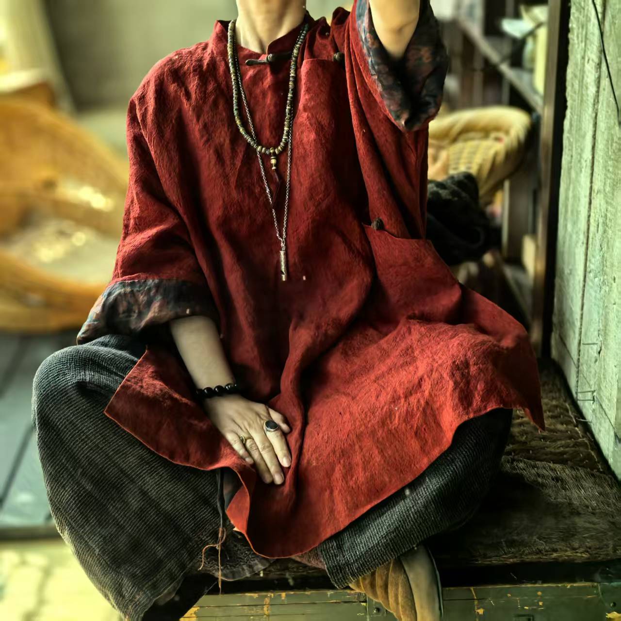 沉香布衣草堂自制红色进口色织亚麻长衣外套开衫新中式C25a10238