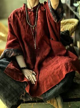 沉香布衣草堂自制红色进口色织亚麻长衣外套开衫新中式C25a10238