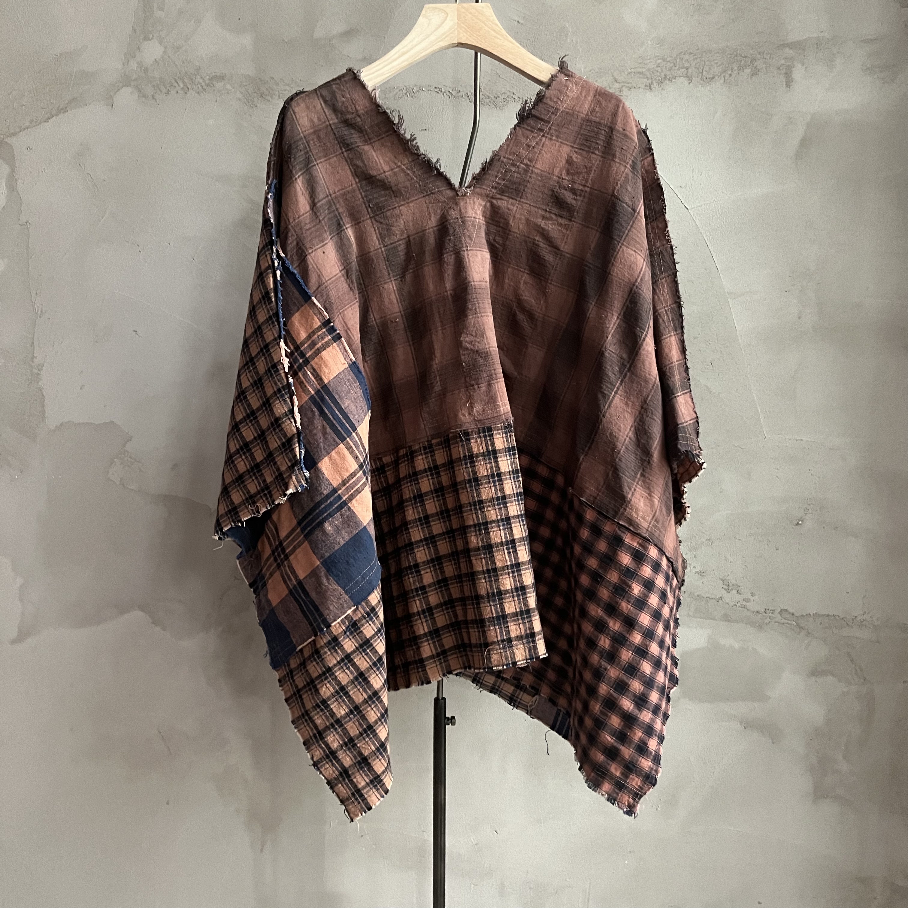 沉香布衣草堂套头老布柿染格子古古麦百搭手工斑驳短衣G25u07132