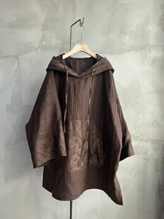 沉香布衣草堂肌理亚麻套头连帽袍中长衣 双层拼接外套
