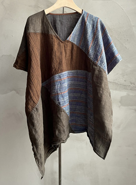 沉香布衣草堂不等式小衫短衣亚麻自制套头v领拼接夏半袖C25u06096