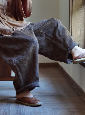 沉香布衣草堂休闲裤几见棉麻植物染柿染百搭直筒松紧阔腿裤K23302
