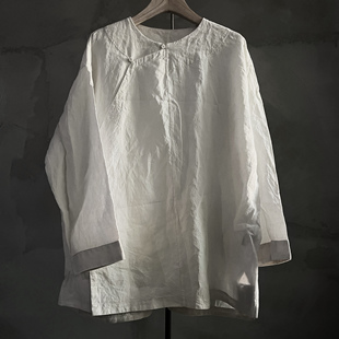 沉香布衣草堂 亚麻小衫 短衣休闲复古上衣 垒土麻白色开衫