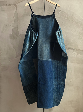 沉香布衣草堂自制蓝染拼接吊带裙拼色随机长背心可调节C25a10224