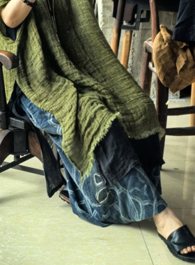沉香布衣草堂 自制肌理亚麻连衣裙中长衣 套头流浪袍子C25u07279