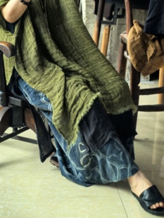 沉香布衣草堂 自制肌理亚麻连衣裙中长衣 套头流浪袍子C25u07279
