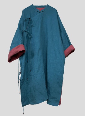 沉香布衣草堂系带连衣裙长衣 自制双层里外亚麻黑色蓝粉C19w12009