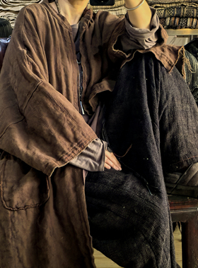 沉香布衣草堂双层亚麻开衫中长衣外套 自制 手工线绗线C25w11281