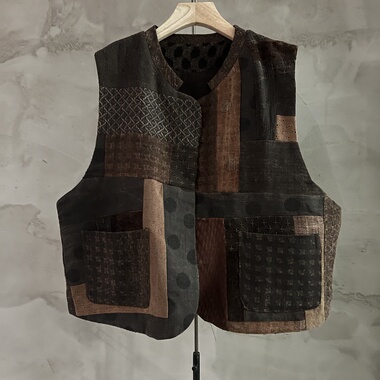 沉香布衣草堂马夹背心碎拼短马甲柞蚕丝香云纱 自制C25w10249