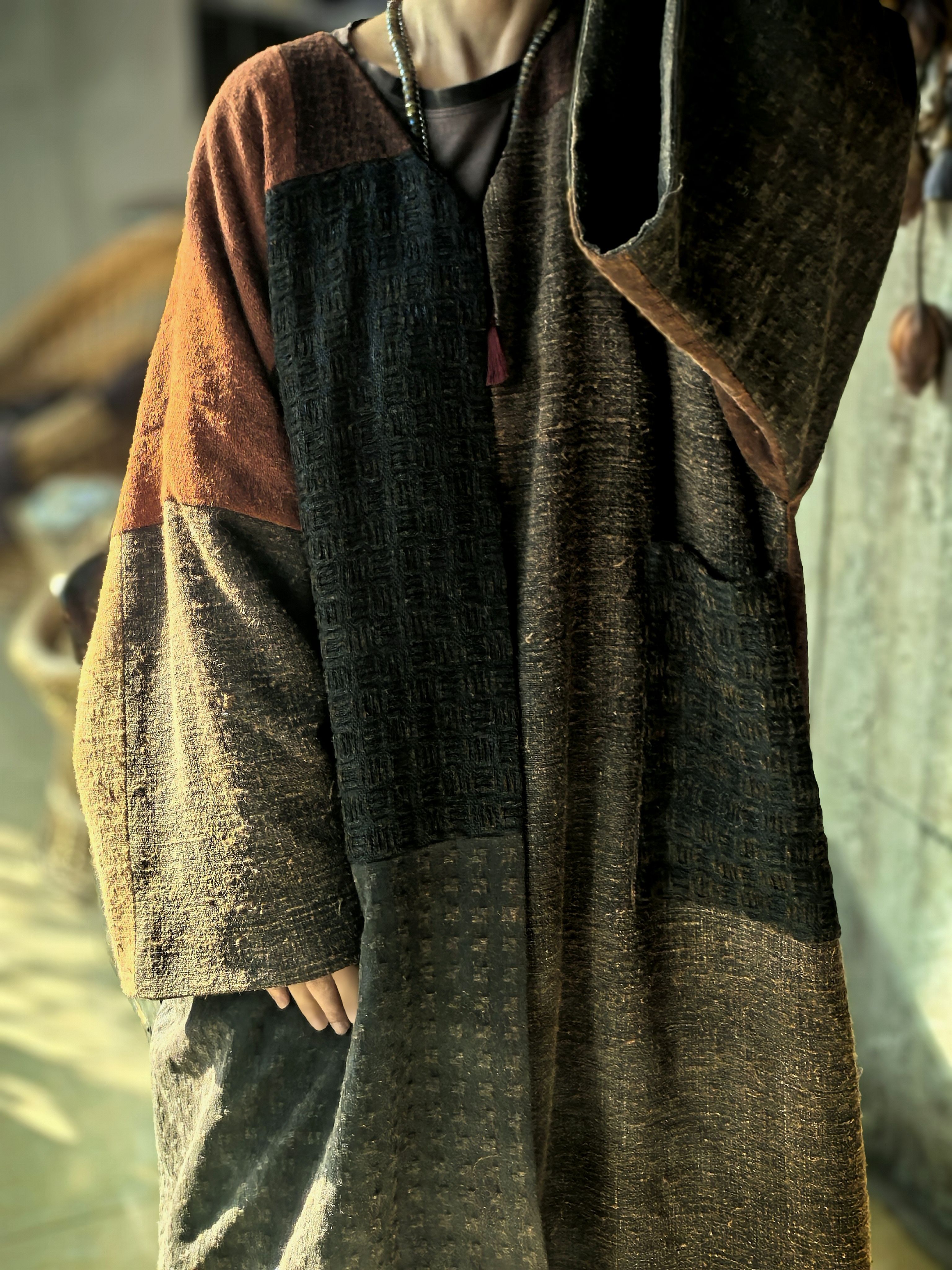 沉香布衣草堂 原创自制拼接设计柞蚕丝香云纱双层开衫长衣外套