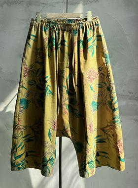 沉香布衣草堂自制柞蚕丝香云纱花卉吊裆裤长裤斑驳印花C25u06102