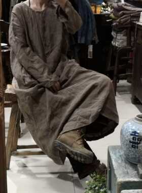 沉香布衣草堂套头袍长衣亚麻自制长袖连衣裙后领系扣C18a12007
